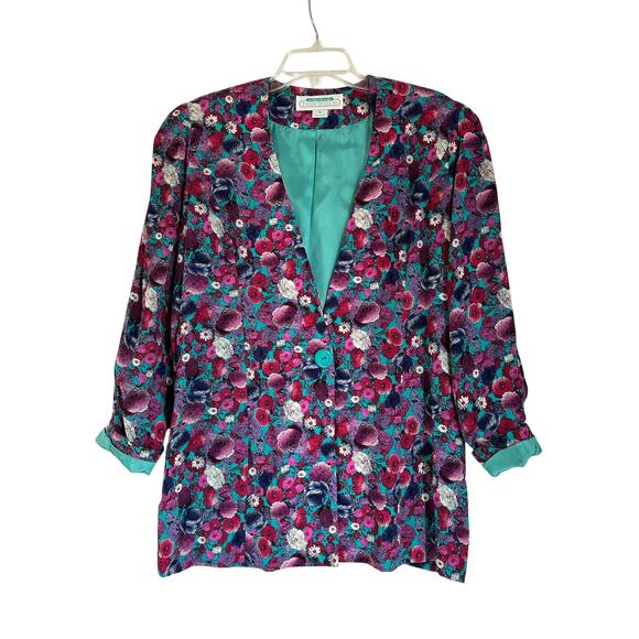 Jane Schaffhausen Belle France Vintage Women’s Teal Purple Floral Jacket Size 10 - Picture 2 of 6